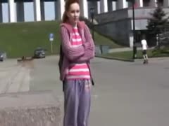 Cute redhead Russian black cock slut pees in her panties in public